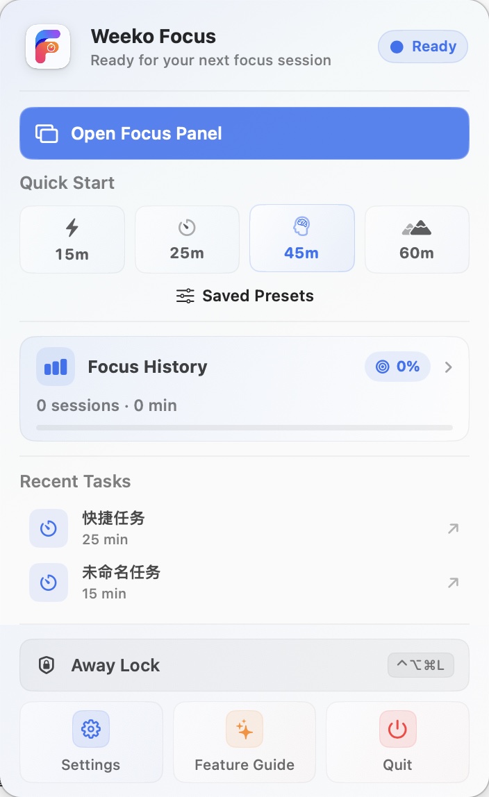 Weeko Focus menu bar panel with quick starts, focus history, and recent tasks